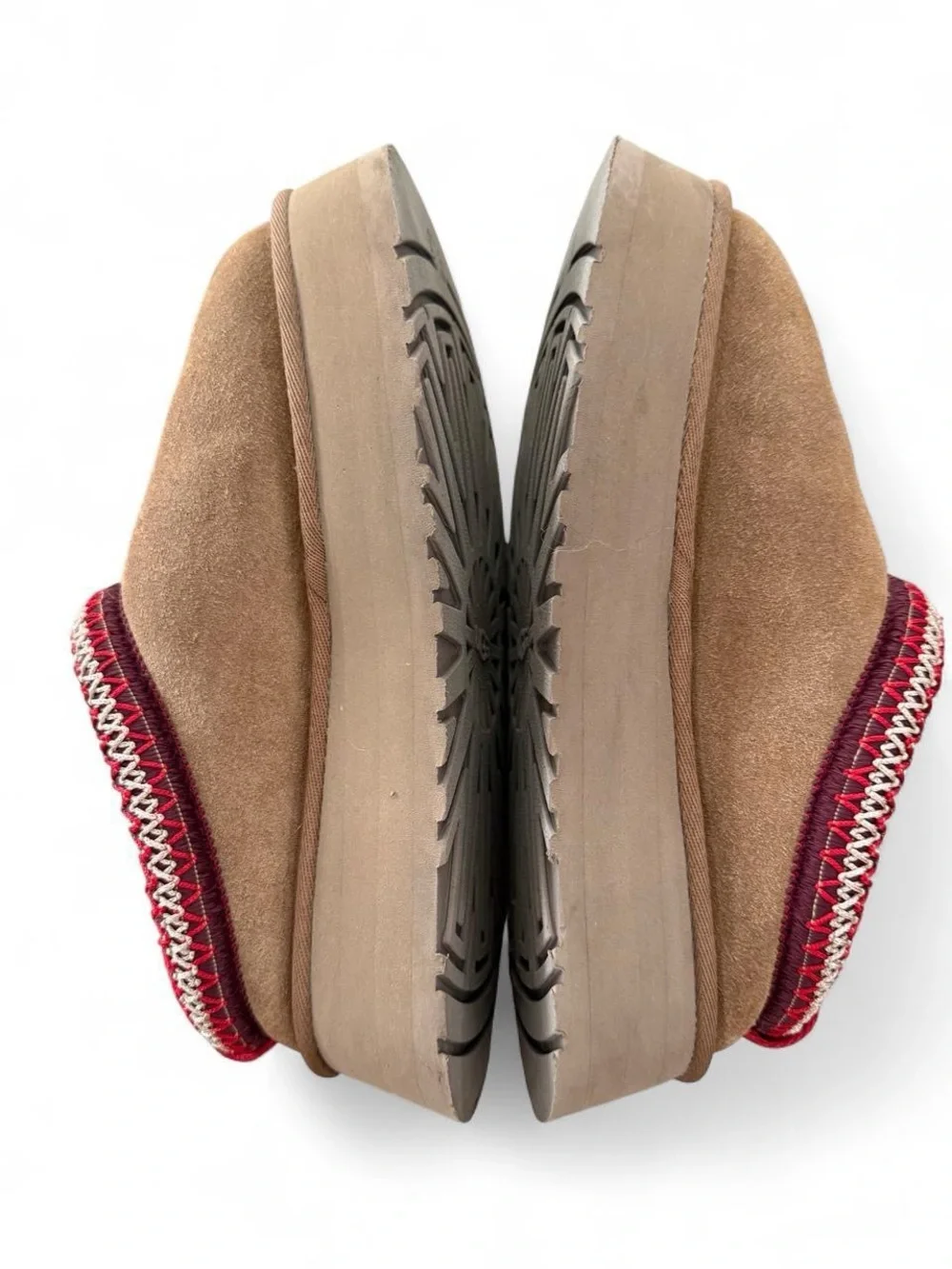 UGG Chestnut Suede Slip-On Slippers with Red Trim
